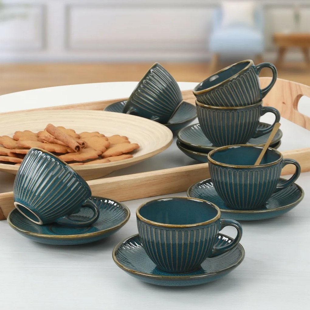 Set de 6 cești din ceramică cu farfurioare Linea210 ml, petrol