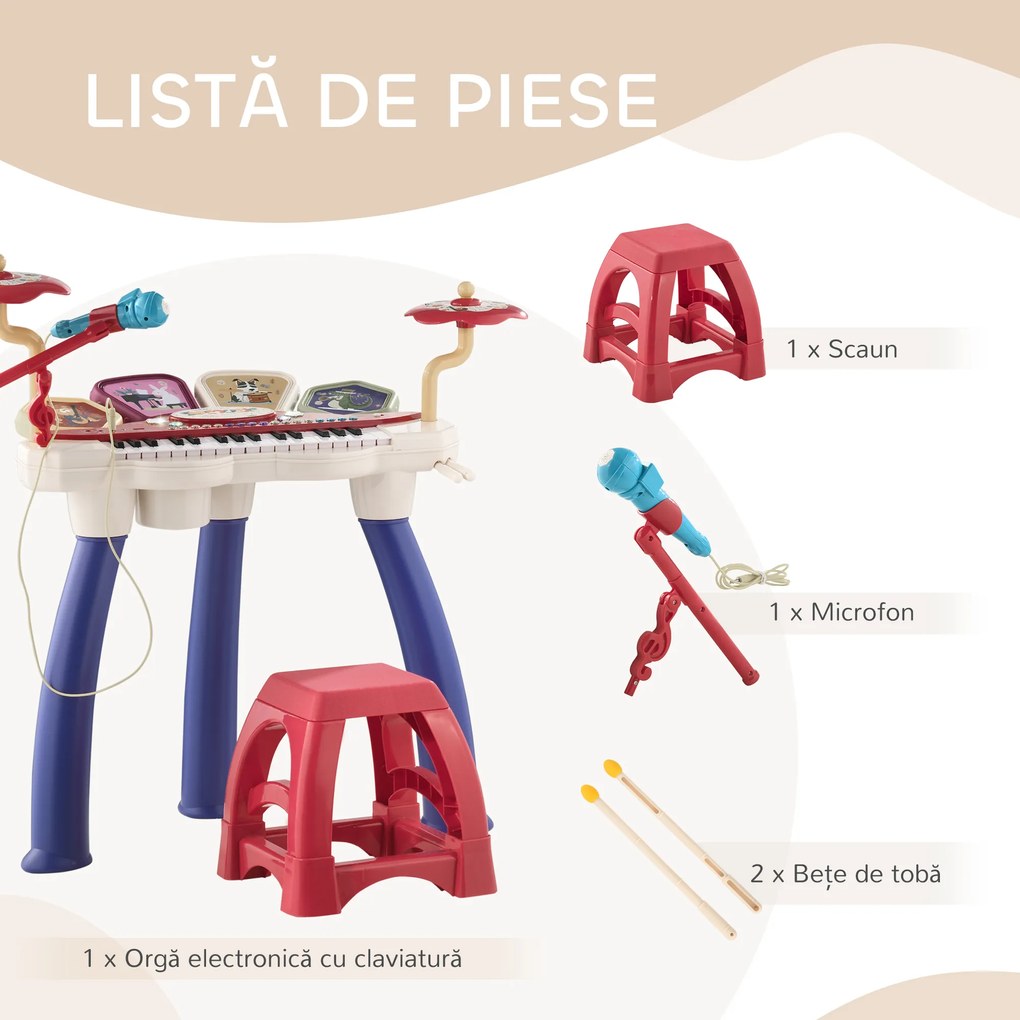 AIYAPLAY Orgă Pian 2 în 1 pentru Copii cu Set de Tobe, Instrument Muzical Electronic, Sunete Multiple, Lumini, 74x32.2x71cm | Aosom Romania