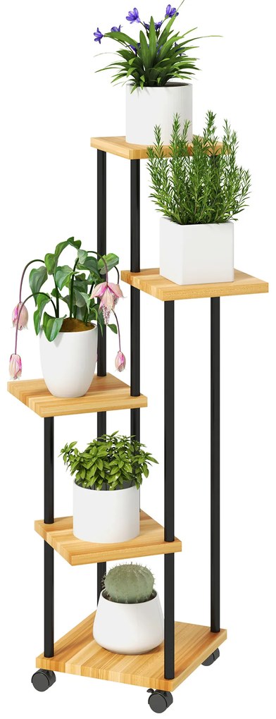 Outsunny Suport pentru Plante cu 5 Niveluri pentru Interior și Exterior, Etajeră cu 4 Roți din Oțel și Lemn, Lemn Natural | Aosom Romania