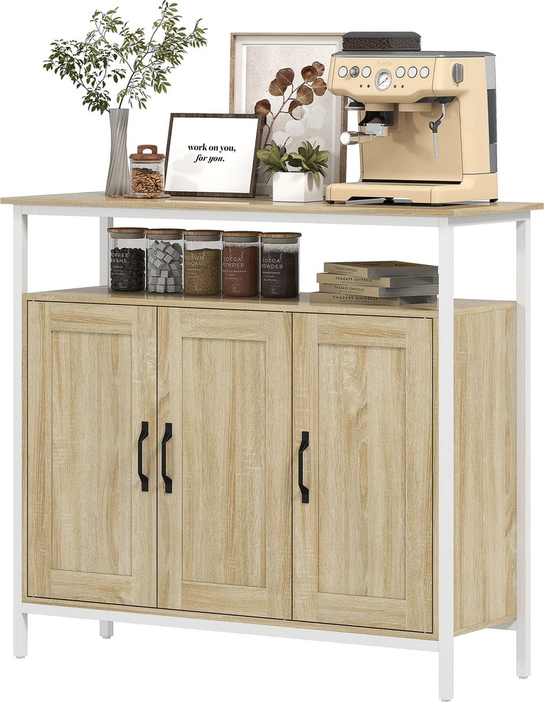 HOMCOM Bufet, corp de depozitare cu 3 uși, compartiment deschis și 4 rafturi reglabile, 100 x 35 x 88 cm, lemn natural | Aosom Romania