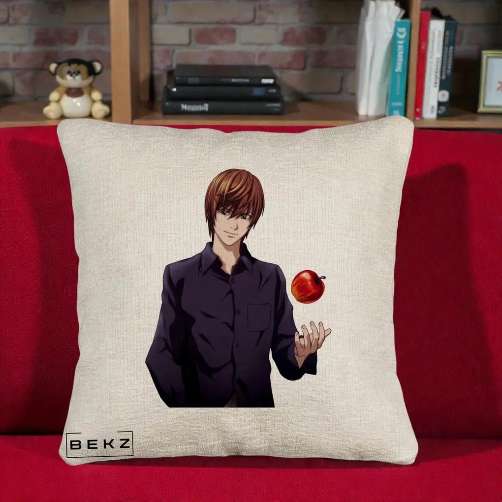 Perna Personalizata Death Note Light Yagami cu Mar, 40x40 cm, Bej Canapea, Husa Detasabila, Perna Inclusa, BEKZ®