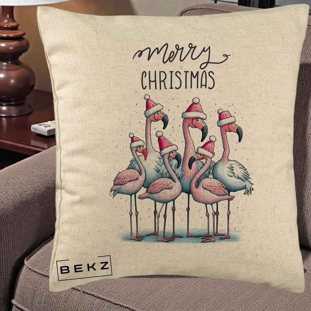 Perna Decorativa Flamingo Merry Christmas, 40x40 cm, Bej, Husa Detasabila, Perna Inclusa, BEKZ®