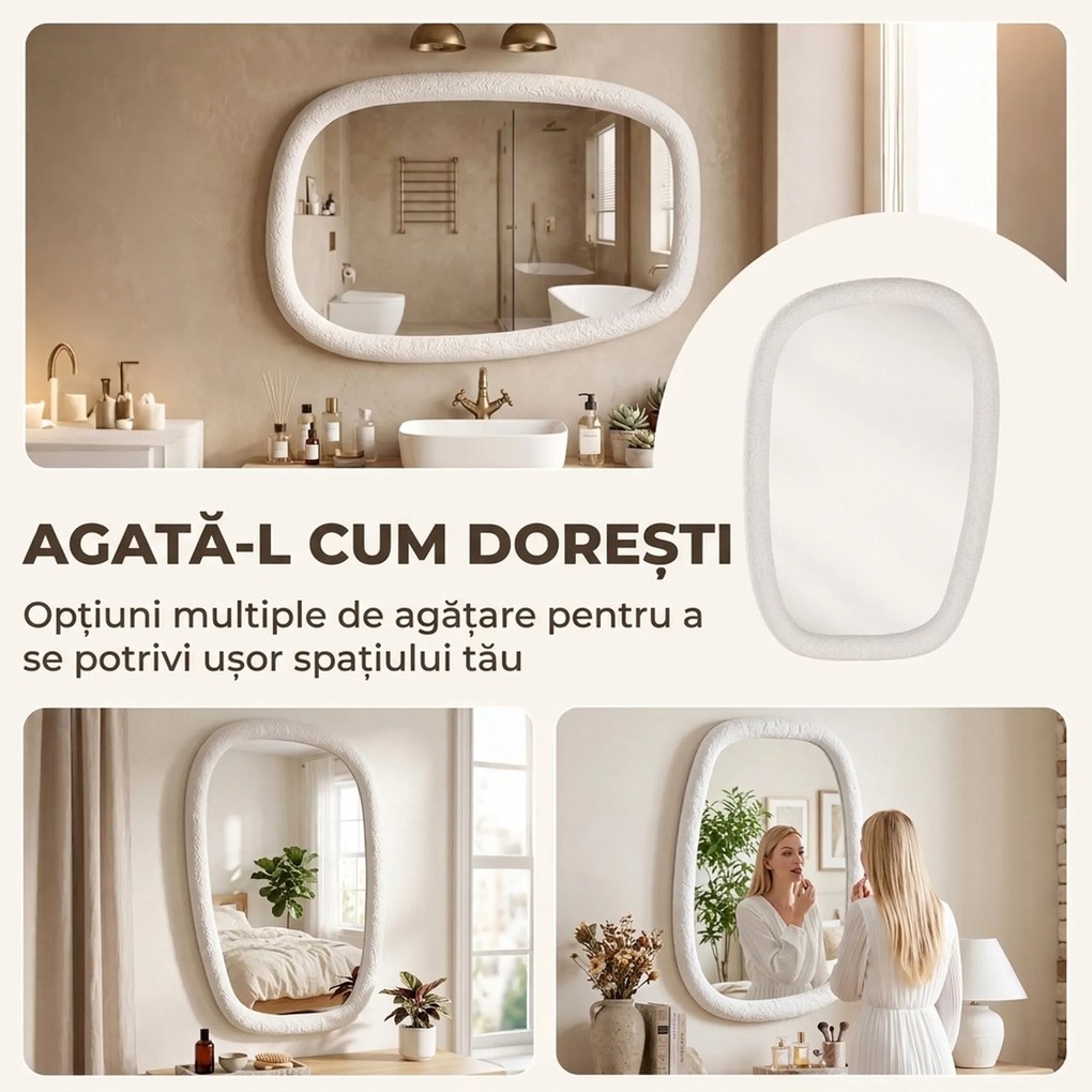 HOMCOM Oglindă de Perete Neregulată 60 cm, Oglindă de Baie cu Sticlă Securizată și Ramă cu Efect de Piatră, Alb | Aosom Romania