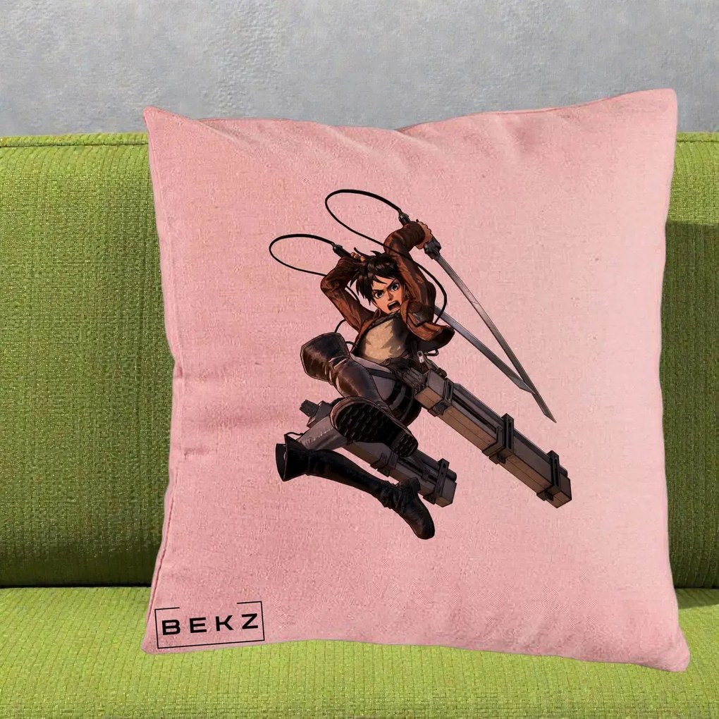 Perna Personalizata Attack on Titan Eren Yeager Lupta, 40x40 cm, Roz, Husa Detasabila, Perna Inclusa, BEKZ®