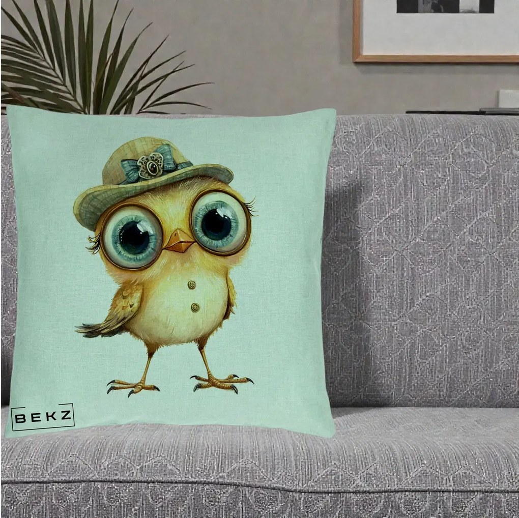 Perna Decorativa Pui Elegant cu Palarie Teal, 40x40 cm, Verde Menta, Husa Detasabila, Perna Inclusa, BEKZ®