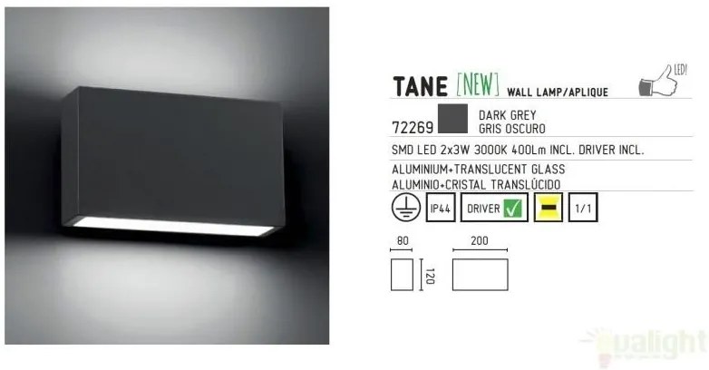 Aplica de perete exterior IP44, LED Tane 72269