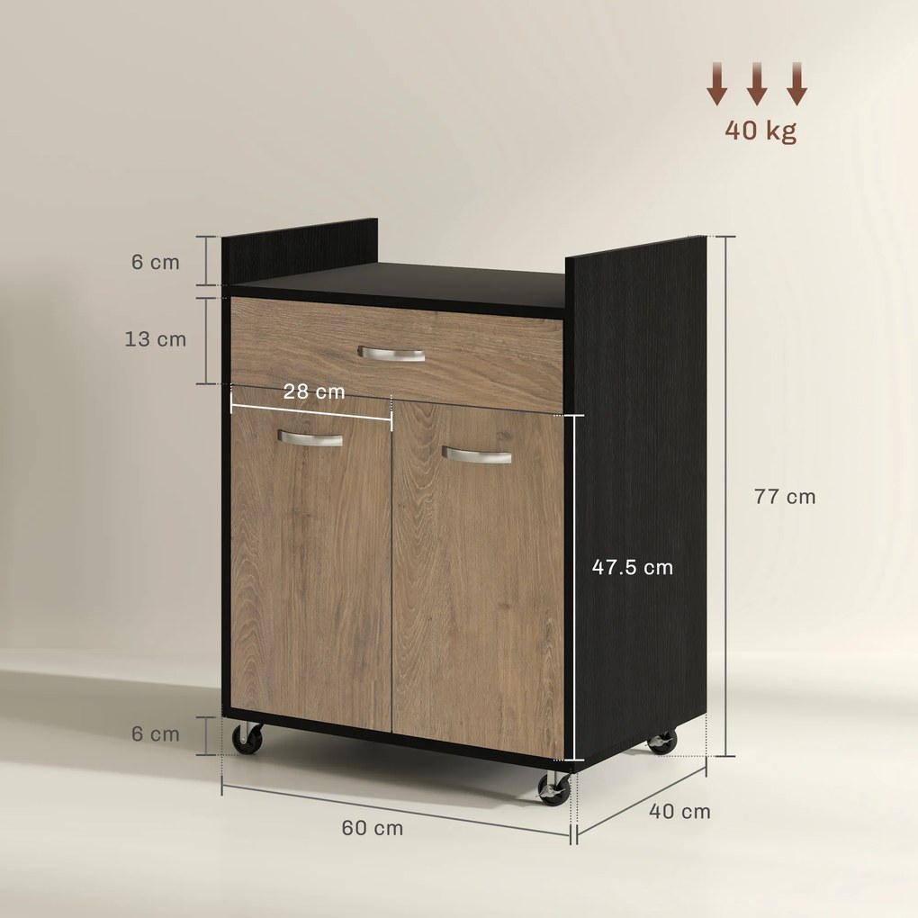 HOMCOM Cărucior de Bucătărie cu Sertar și Dulăpior, Insulă de Bucătărie cu 4 Roți și Raft Reglabil, 60x40x77 cm, Negru | Aosom Romania