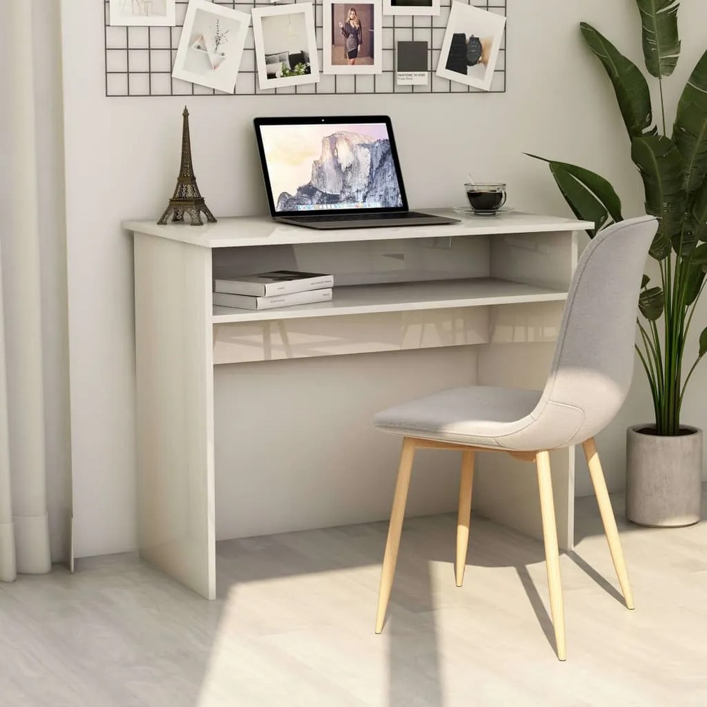 801176 vidaXL Birou, alb extralucios, 90 x 50 x 74 cm, lemn prelucrat