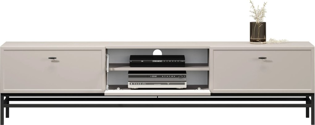 Comodă TV Lorini 200 cm cu sertare - culoare cașmir / mânere tip T-bar și cadru negre