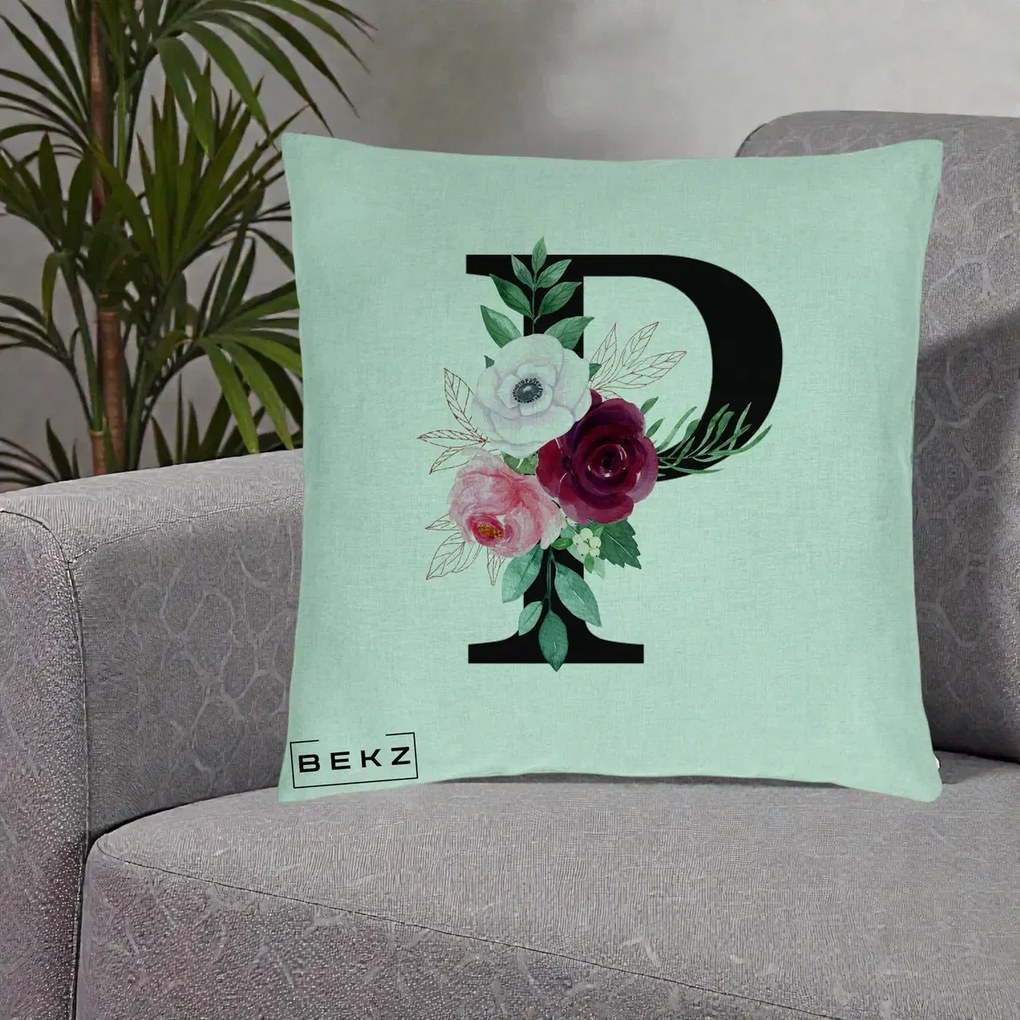Cadou Personalizat - Perna Personalizata Monograma Florala Litera P, 40x40 cm, Verde Menta, Husa Detasabila, Perna Inclusa, BEKZ®