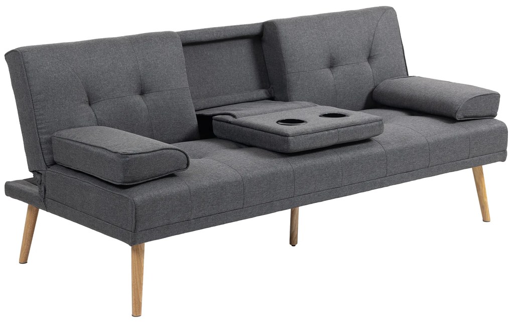 HOMCOM Canapea Extensibilă cu 3 Locuri, 2 Cotiere Detașabile, Covoraș Antiderapant și Imitație In și Lemn, 181x77x72 cm, Gri Închis | Aosom Romania