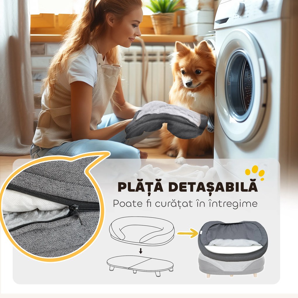 PawHut Canapea pentru Câini cu Pernă, Hușă Detașabilă, Bază Înălțată și Picioare Antiderapante, 90x78x25 cm, Gri | Aosom Romania