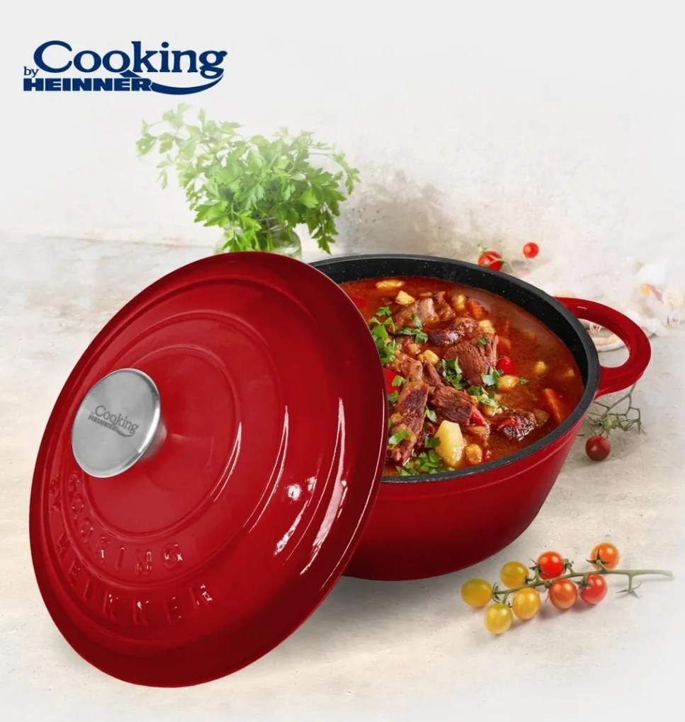 Oală din fontă emailată cu capac 24x11.5 cm, 4L – Cooking by Heinner, Colecția Red Line HR-KN-SM4, pentru supe, tocane și coacere lentă