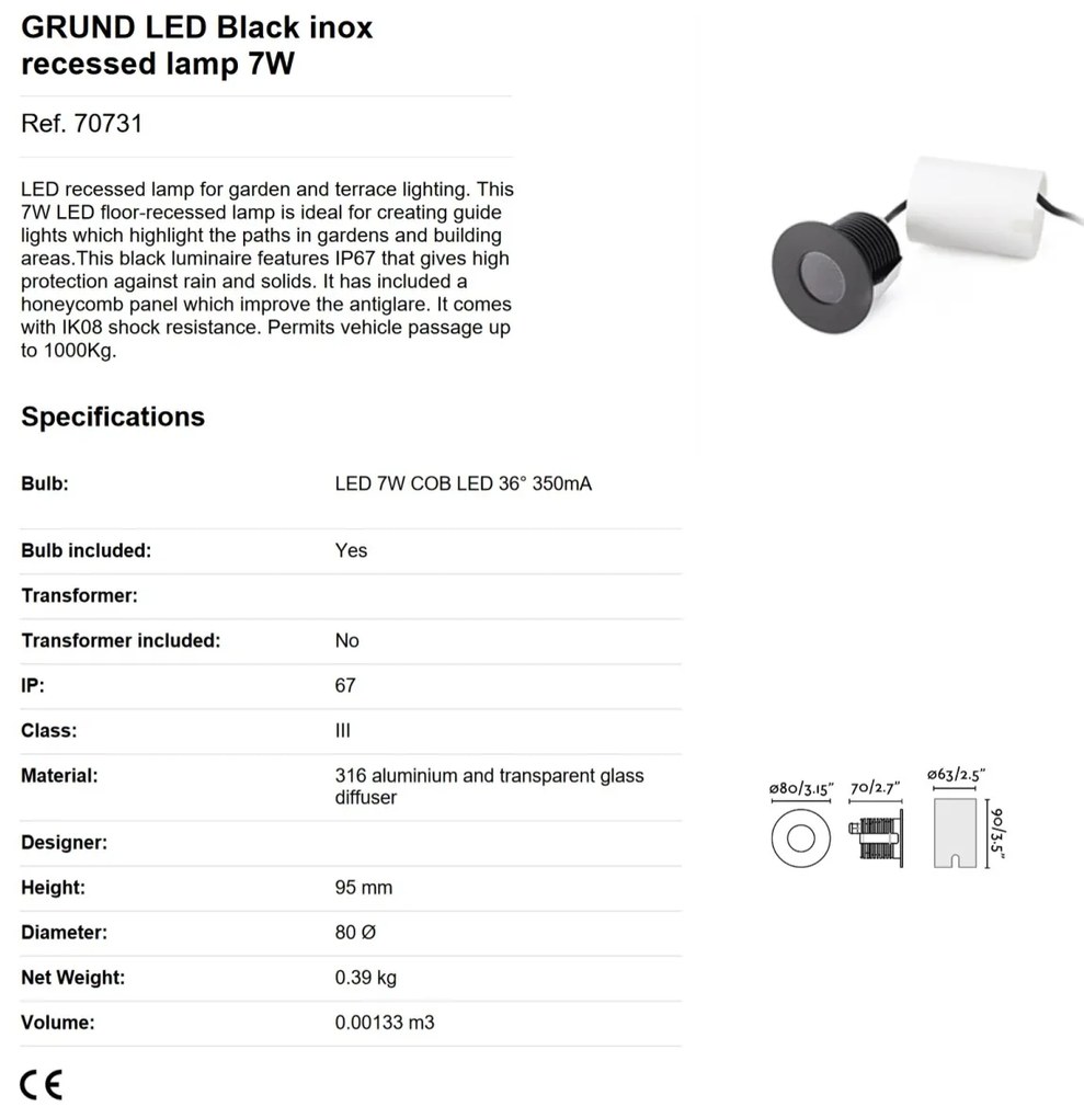 Spot LED incastrabil de exterior pavaj GRUND 7W inox negru