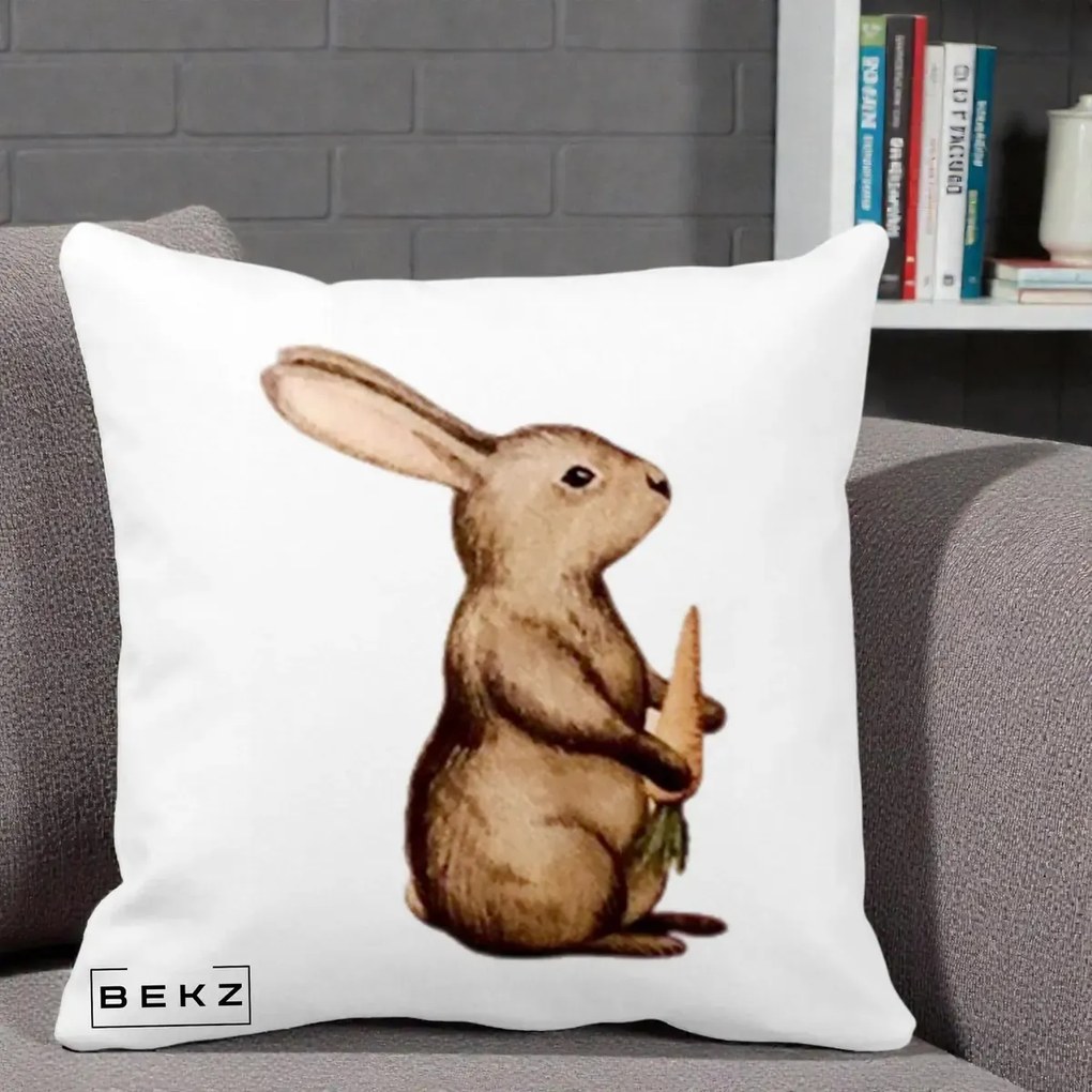 Perna Decorativa Iepuras Acuarela cu Morcov, 40x40 cm, Alba Mata, Husa Detasabila, Perna Inclusa, BEKZ®