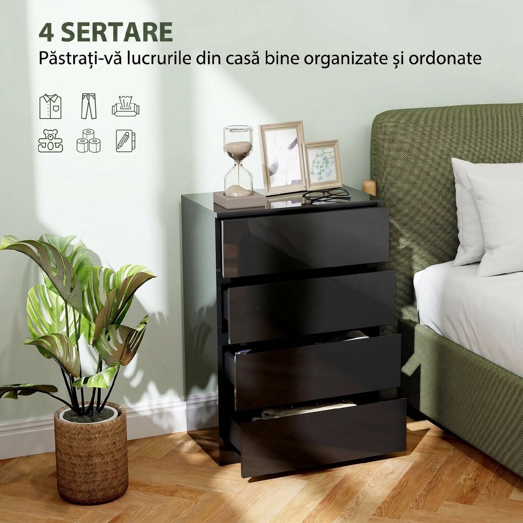 HOMCOM Comodă cu 4 Sertare din Lemn, pentru Dormitor, Modernă și Multifuncțională, 55x33x80 cm, Negru | Aosom Romania