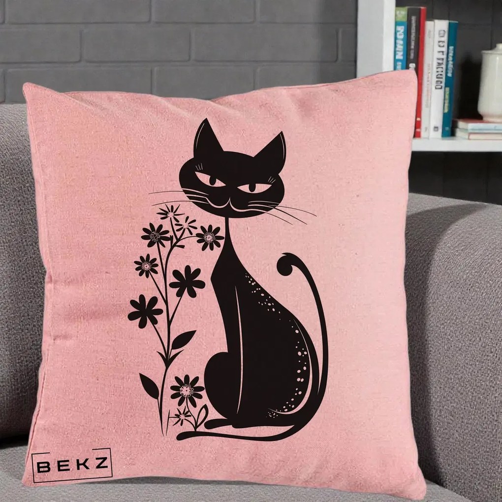 Perna decorativa Pisica Neagra Grafica Minimalista, 40x40 cm cu Umplutura, Roz, BEKZ
