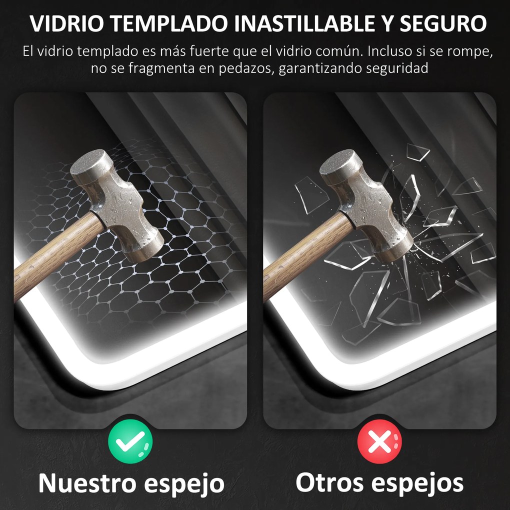 HOMCOM Oglindă de Baie cu Leduri 70x50 cm cu Bluetooth 3 Culori de Lumină Ceas Digital Funcție Anticeață Funcție de Memorie | Aosom Romania