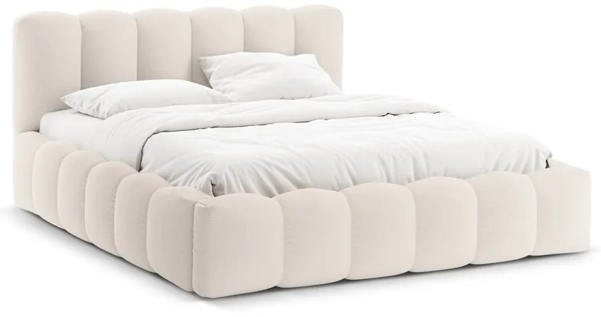 Pat matrimonial crem tapițat cu spațiu de depozitare cu somieră 160x200 cm Lupine – Micadoni