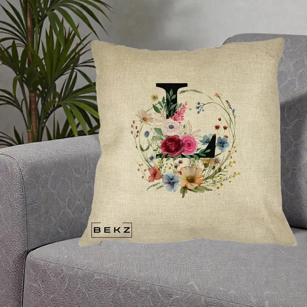 Cadou Personalizat - Perna Personalizata Monogram Litera L cu Flori Acuarela, 40x40 cm, Crem, Husa Detasabila, Perna Inclusa, BEKZ®