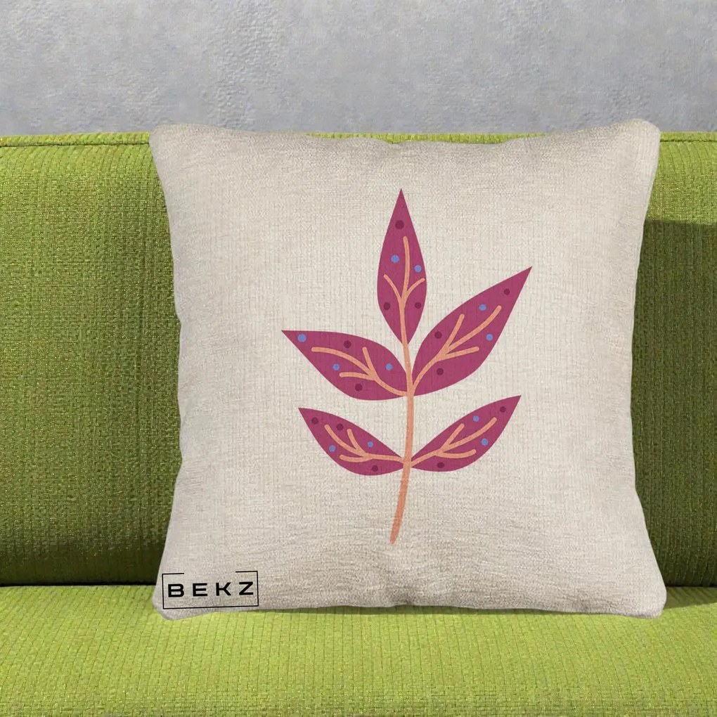 Perna Decorativa Ramura Botanica Mov, 40x40 cm, Bej Canapea, Husa Detasabila, Perna Inclusa, BEKZ®