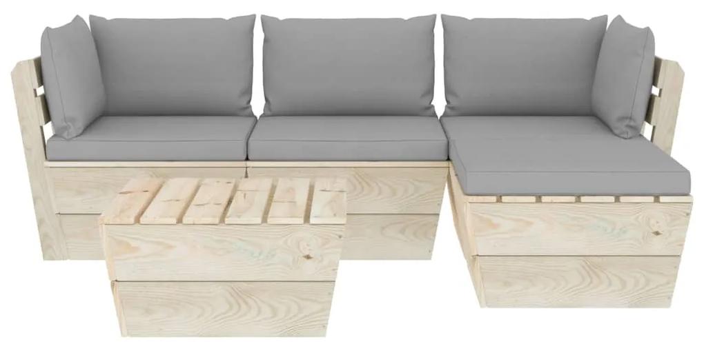 Set mobilier gradina din paleti cu perne, 5 piese, lemn molid Gri, 2x colt + mijloc + masa + suport pentru picioare, 1