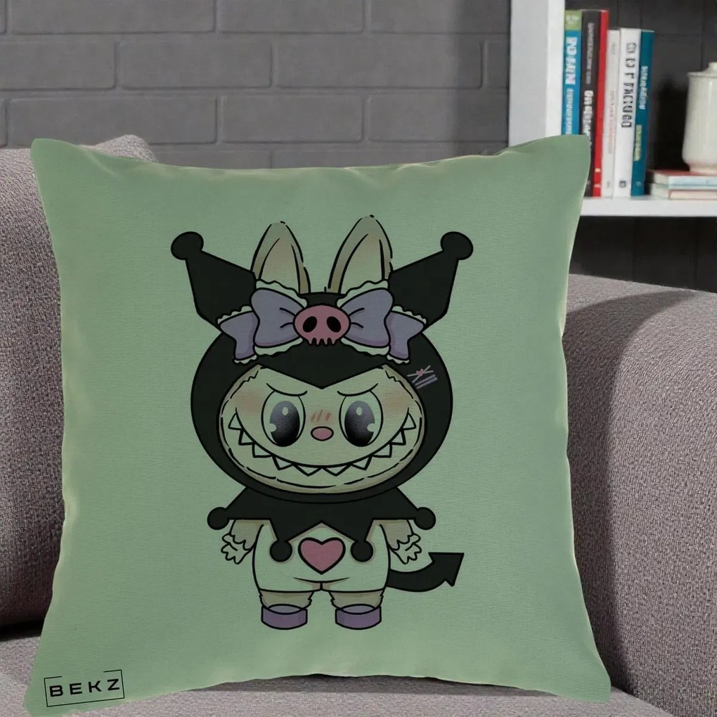 Perna Personalizata Labubu x Kuromi, 40x40 cm, Verde, Husa Detasabila, Perna Inclusa, BEKZ®