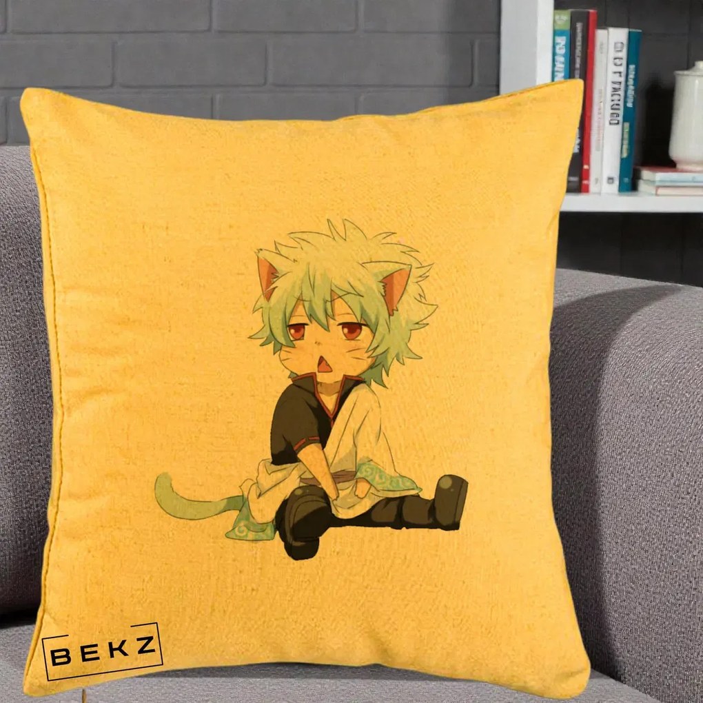 Perna Personalizata Gintama Gintoki Chibi Pisica, 40x40 cm, Galben, Husa Detasabila, Perna Inclusa, BEKZ®