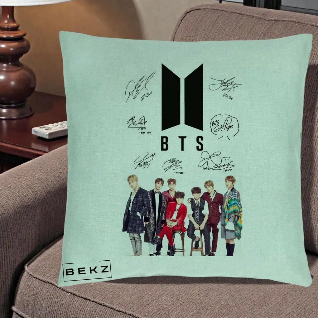 Perna Personalizata K-pop BTS Semnaturi Foto, 40x40 cm, Verde Menta, Husa Detasabila, Perna Inclusa, BEKZ®