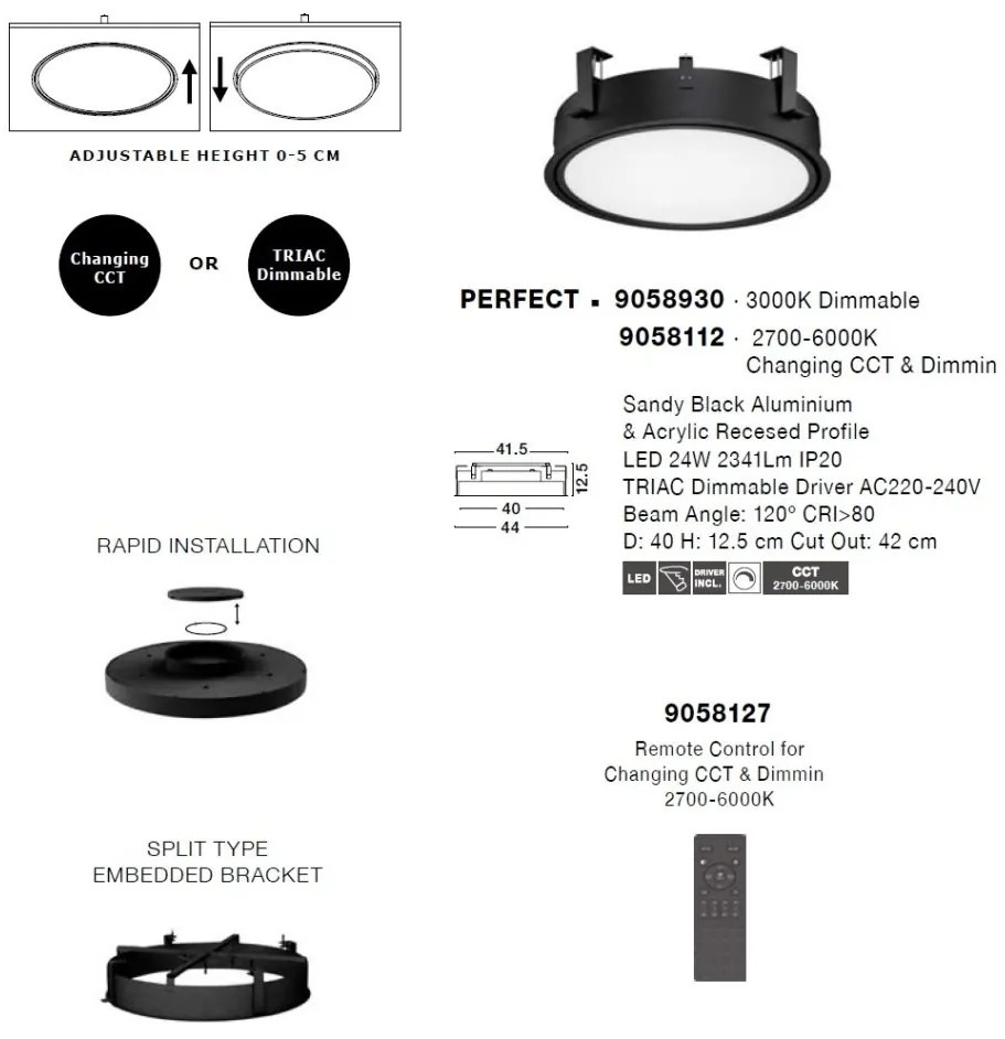 Plafoniera LED incastrabila reglabila PERFECT 40cm negru 3000K Dimmable