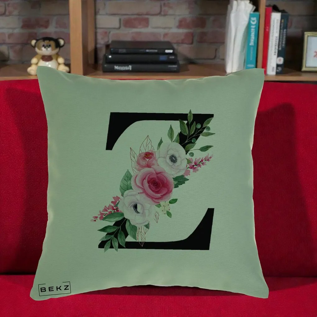 Cadou Personalizat - Perna Personalizata Monograma Florala Litera Z cu Buchet, 40x40 cm, Verde, Husa Detasabila, Perna Inclusa, BEKZ®