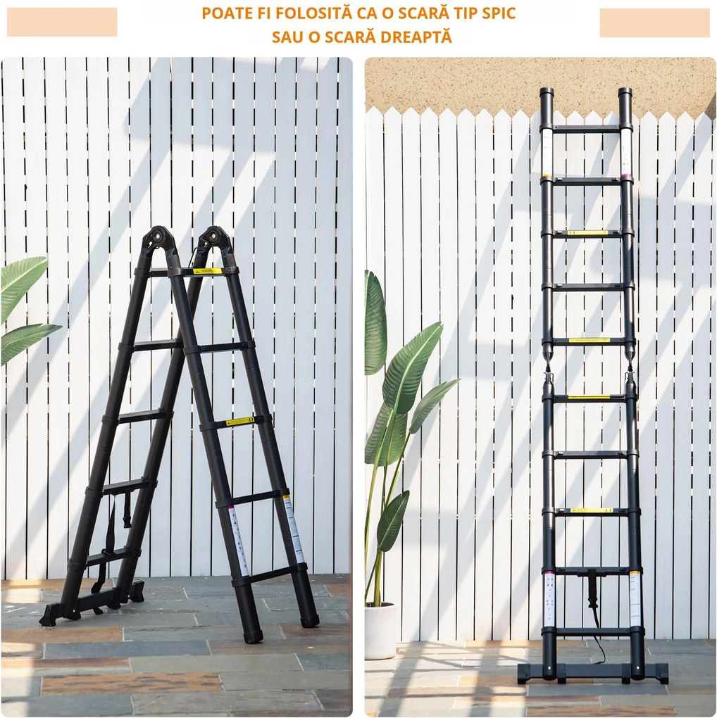 DURHAND Scară Telescopică Pliabilă cu 10 Trepte, Scară Extensibilă din Aluminiu și Metal, 320x67x7 cm, Neagră | Aosom Romania