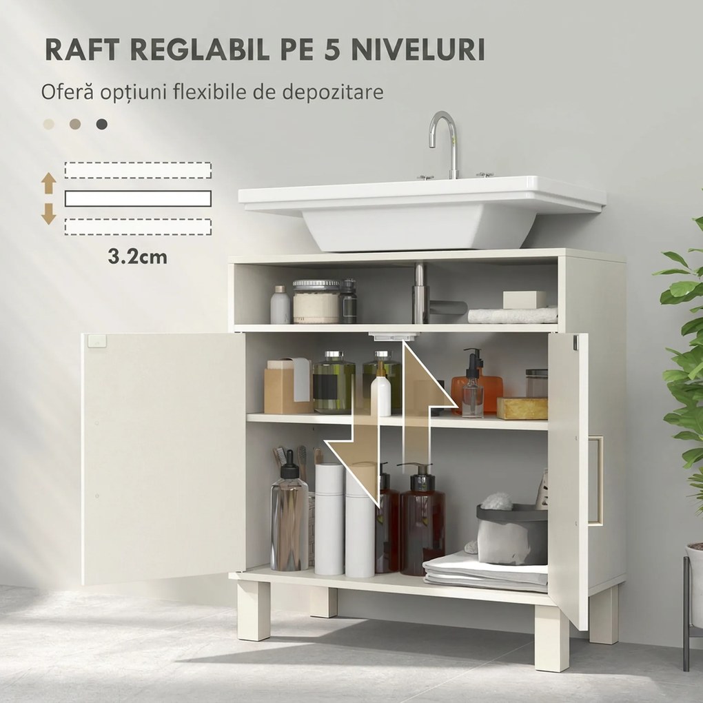 HOMCOM Dulap sub lavoar pentru baie, cu 2 uși arcuite încastrate, raft reglabil, pentru lavoare fără piedestal, crem | Aosom Romania