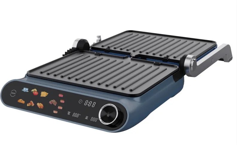 Gratar electric Nostro Lux NL51442P, 2200 W, Ecran tactil, Placi mobile antiaderente, Deschidere la 180°, Albastru/Gri