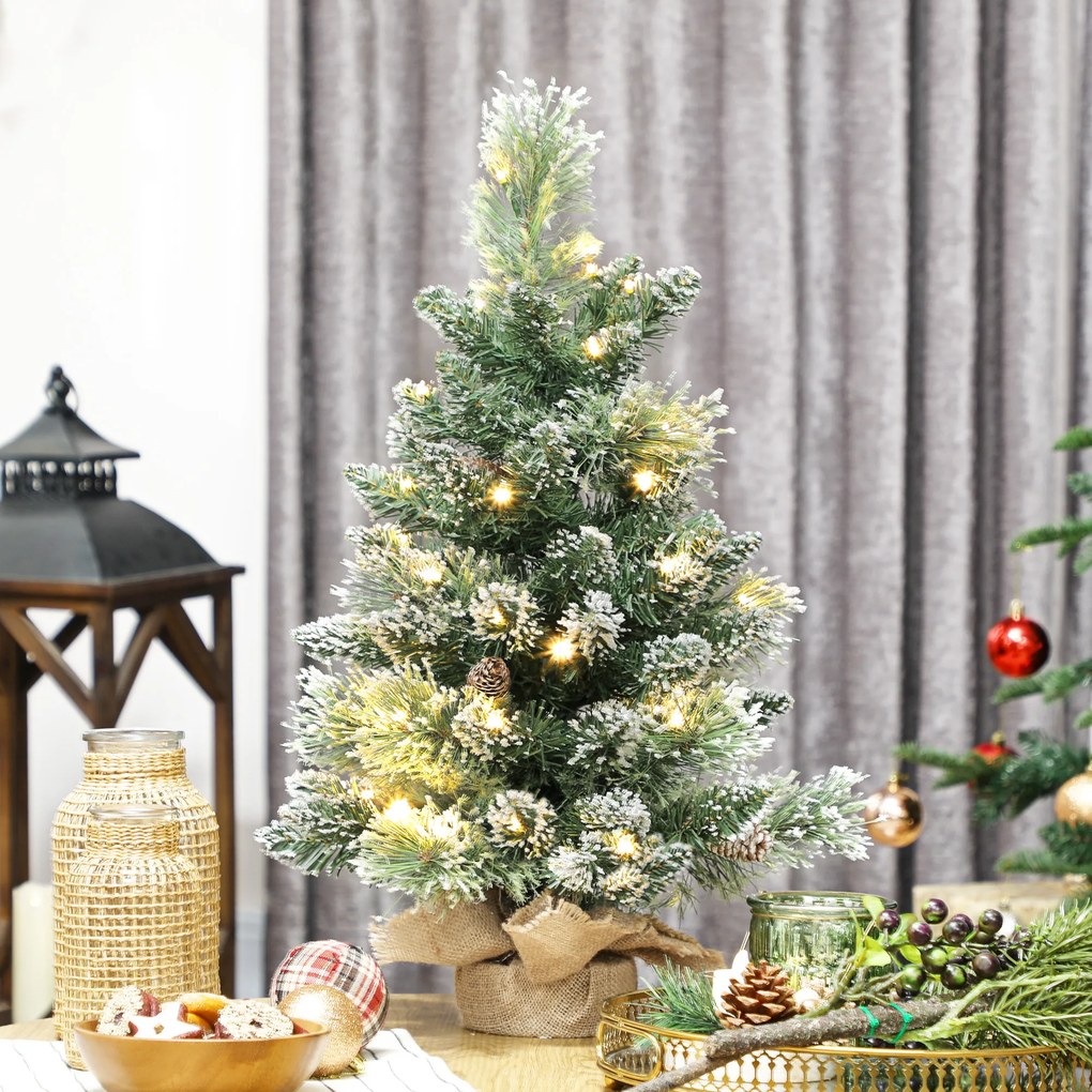 HOMCOM Pom de Crăciun Miniatural Pre-luminat 60 cm, Pom de Crăciun cu Zăpadă | Aosom Romania