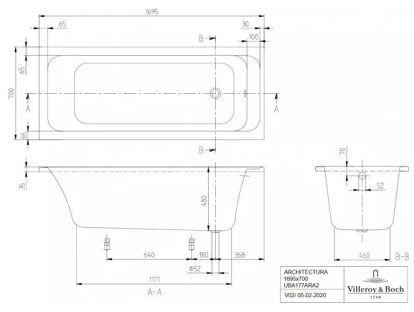 Cada dreptunghiulara, Villeroy&amp;Boch Architectura, 170x70cm, Alb Alpin, UBA177ARA2V-01