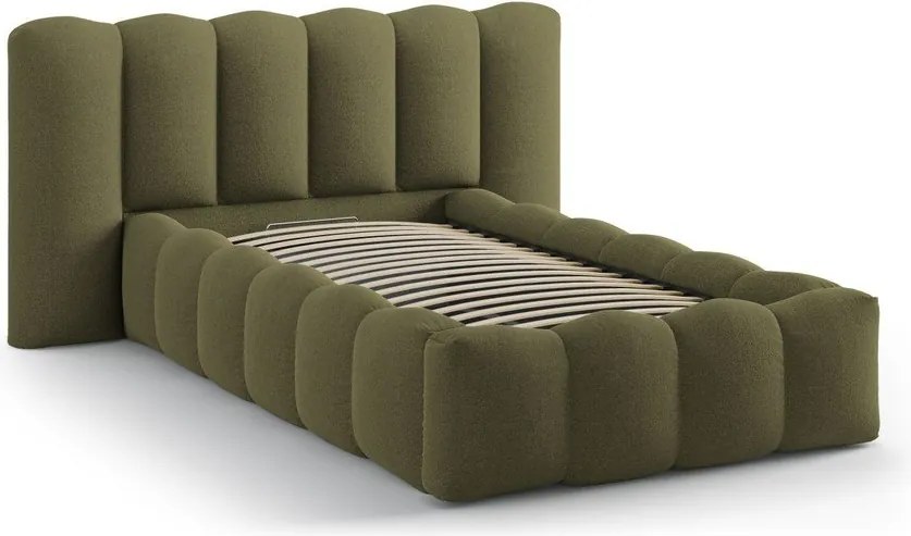 Pat kaki tapițat cu spațiu de depozitare cu somieră 90x200 cm Lupine – Micadoni