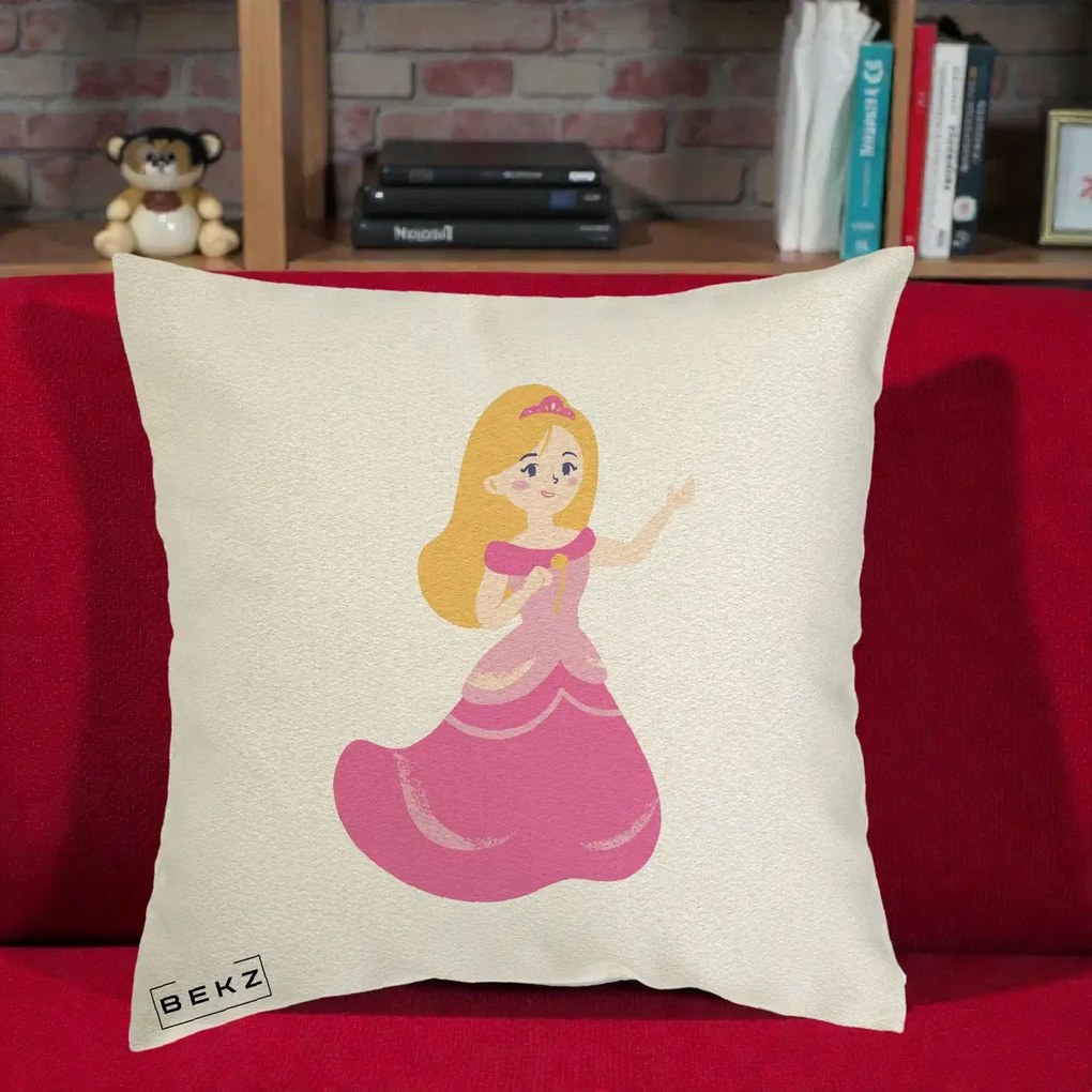 Perna Personalizata Printesa Roz cu Microfon, 40x40 cm, Ecru, Husa Detasabila, Perna Inclusa, BEKZ®