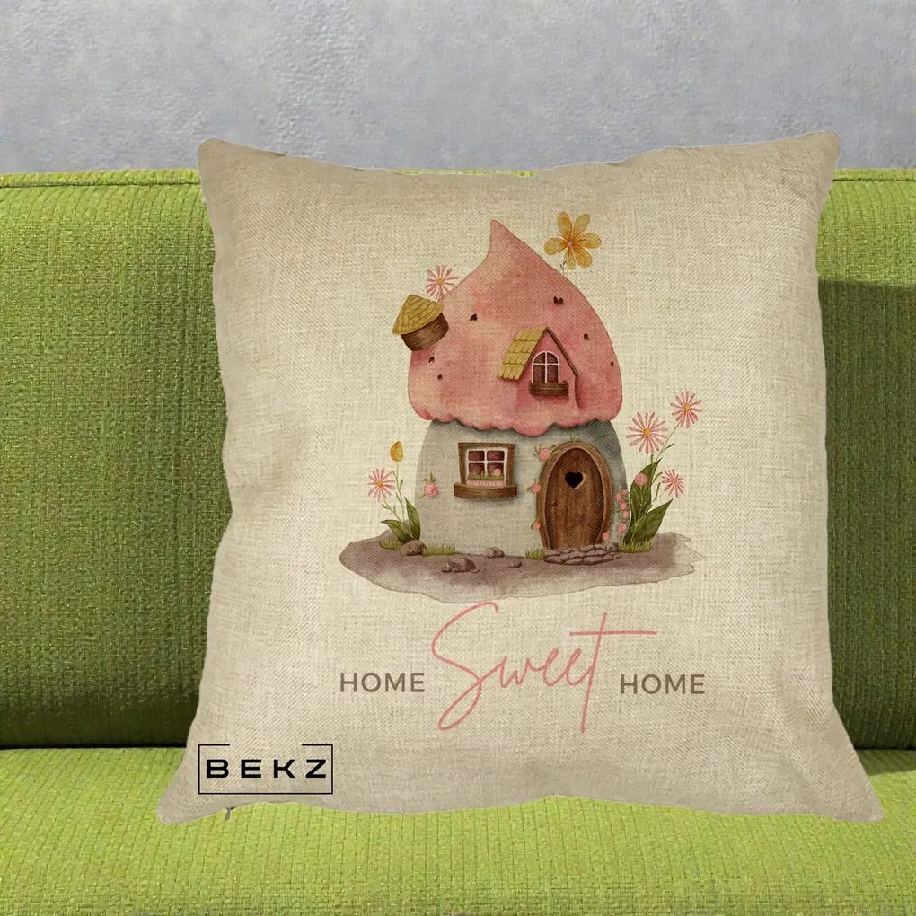 Perna Decorativa Home Sweet Home Casuta, 40x40 cm, Crem, Husa Detasabila, Perna Inclusa, BEKZ®