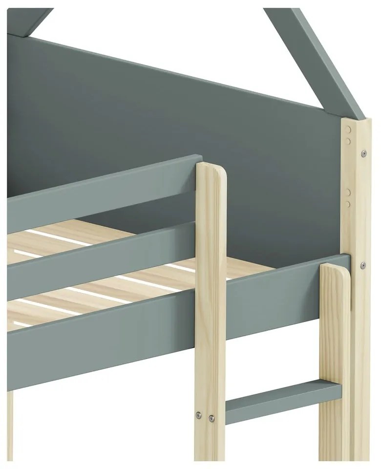 Pat pentru copii în culoare naturală/verde prăfuit de tip casă/supraetajat cu somieră 90x190 cm Valka – Marckeric