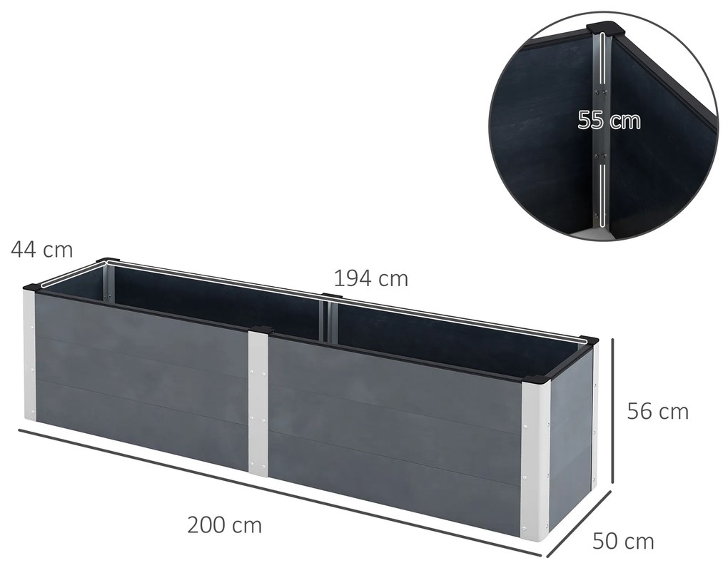 Outsunny Pat de Grădină Înălțat cu Bază Deschisă, Jardinieră Înălțată pentru Grădină, 200x50x56 cm, Gri | Aosom Romania