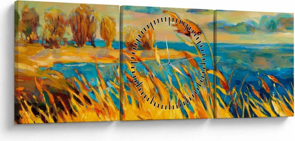 Tablou - Apus de soare peste lac, pictură acrilică (cu ceas) (90x30 cm)