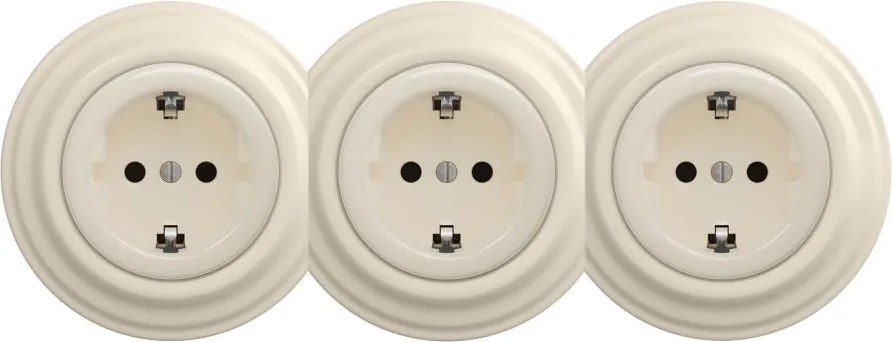 Kliklap - Priză triplă retro SCHUKO pentru uz casnic, cu ramă, 230 V, bej