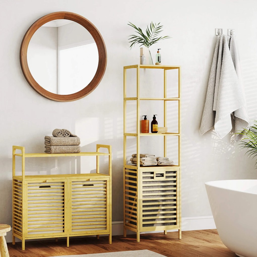 HOMCOM Mobilier pentru Rufe de Baie cu 2 Compartimente Basculante, 82L, Suport pentru Rufe Murdare din Bambus cu Coșuri Detașabile și Lavabile și 2 Rafturi, pentru Spălătorie și Baie, 82x33x88 cm, Culoare Lemn | Aosom Romania