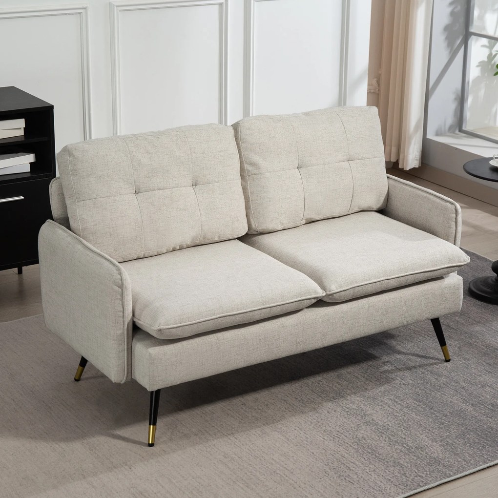 HOMCOM Divano 2 Posti in Tessuto Effetto Lino con Braccioli e Cuscini Imbottiti, Divanetto 2 Posti Moderno con Gambe in Acciaio, per Ufficio, Soggiorno, Salotto e Camera da Letto, 139x68x80 cm, Crema | Aosom Romania
