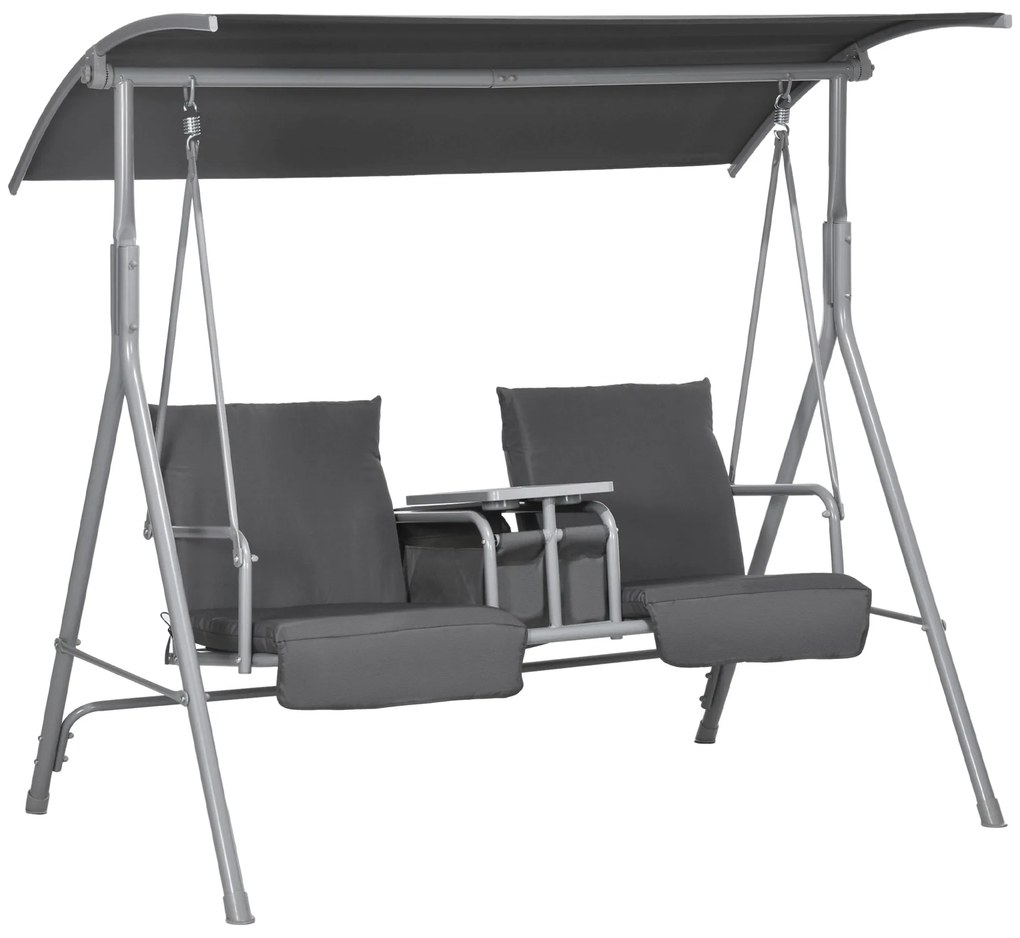 Outsunny Balansoar Exterior cu Măsuță de Cafea și Suport Central pentru Pahare, Leagăn cu 2 Locuri și Acoperiș, 175x112x158 cm, Gri | Aosom Romania
