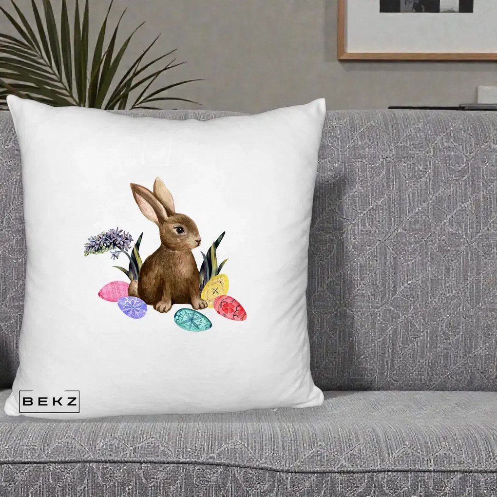 Perna Decorativa Iepuras cu Oua de Pasti Acuarela, 40x40 cm, Alb Pufos, Husa Detasabila, Perna Inclusa, BEKZ®