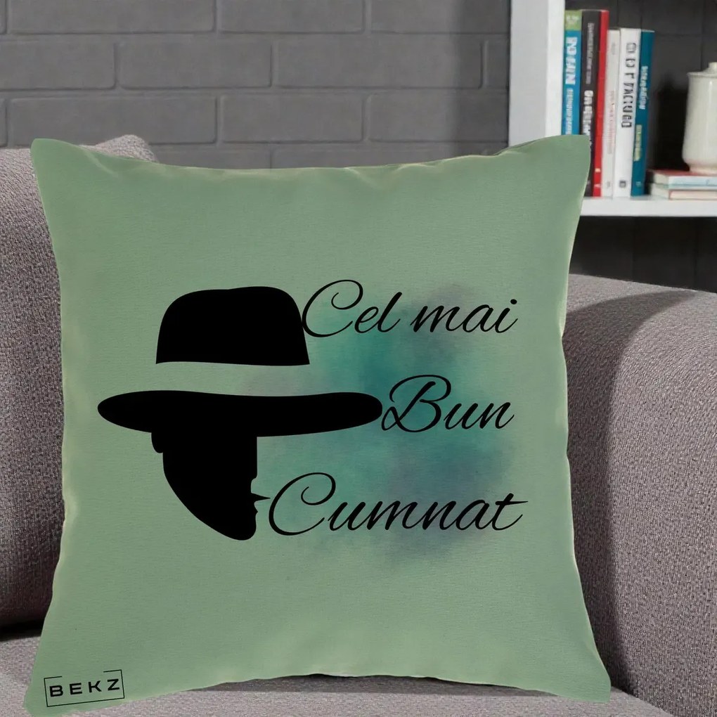 Cadou pentru Cumnat - Perna Personalizata Cel mai Bun Cumnat cu Silueta Palarie si Pete Teal-Roz, 40x40 cm, Verde, Husa Detasabila, Perna Inclusa, BEKZ®