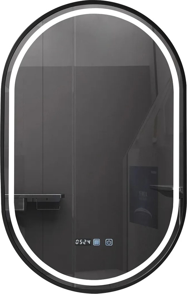 RESIGILAT- Oglinda baie, Multifuncțională, Iluminare LED 3 culori, Ceas încorporat, Sistem Dezaburire, Rama Negru, 50x80 cm