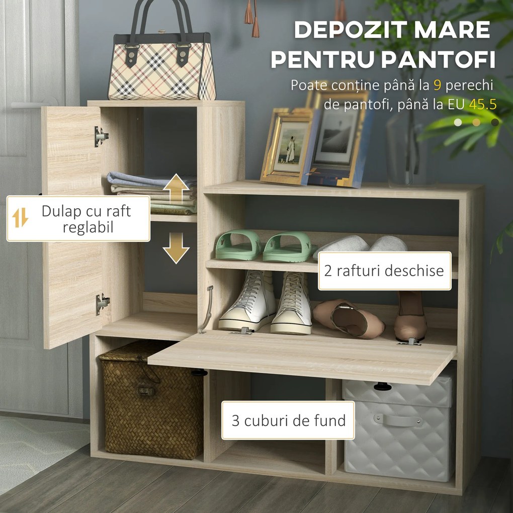 HOMCOM Mobilier pentru Hol cu Depozitare pentru 9 Perechi de Pantofi, Oglindă, Dulap, Rafturi și 4 Cârlige, 90x30x87 cm, Lemn Natural | Aosom Romania